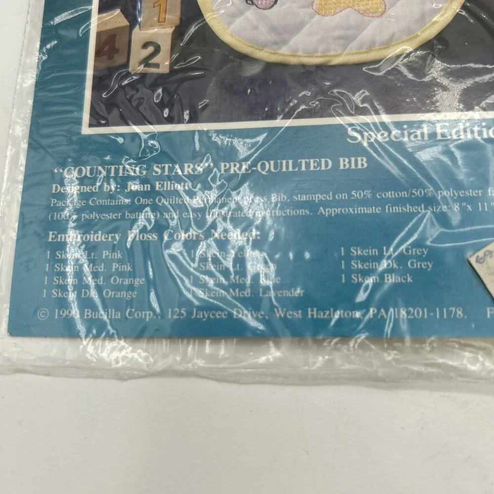 Bucilla Tiny Tails Counting Stars Pre-Quilted Bib Baby OS White Stamped Kit 1990